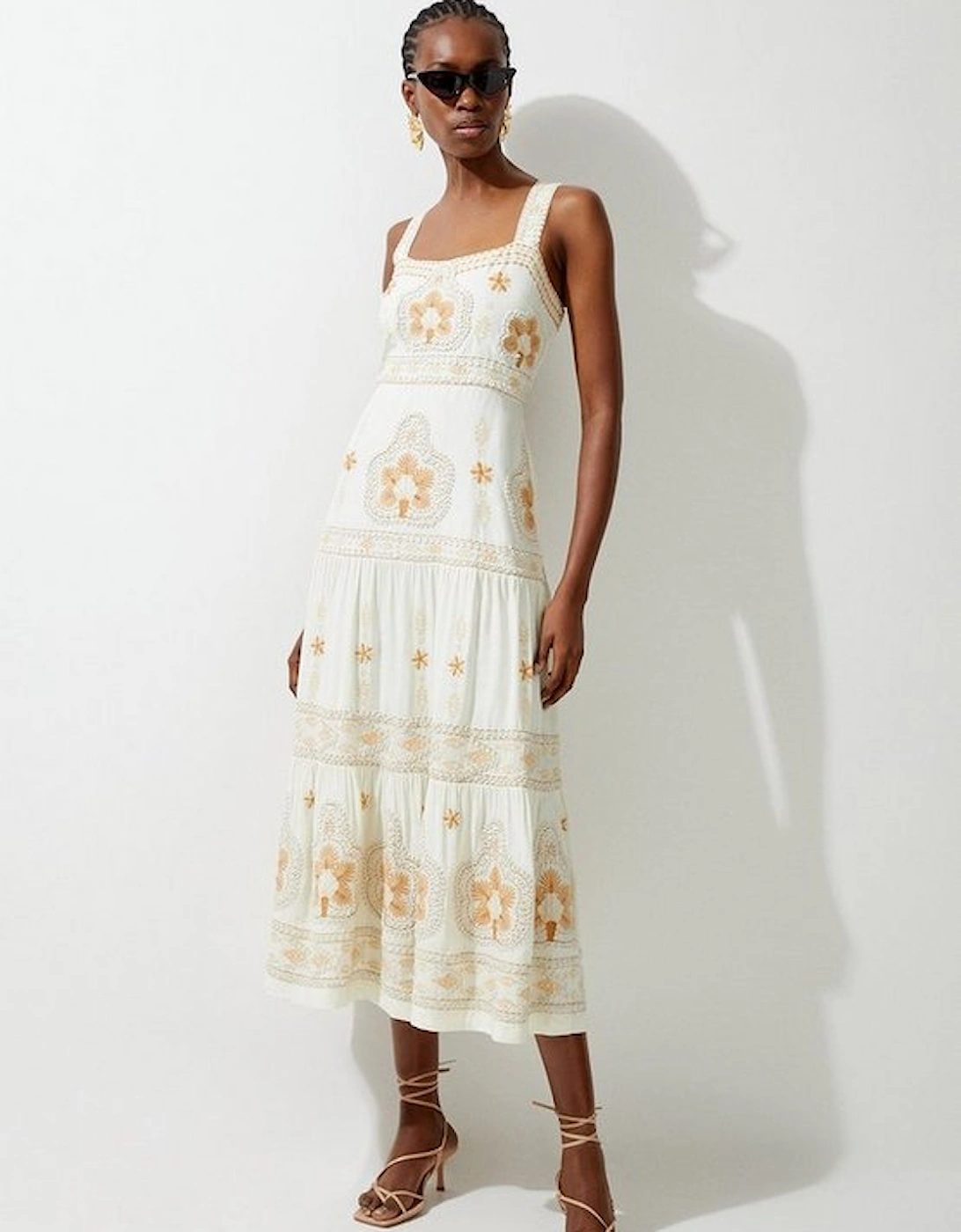 Linen Corded Embroidered Strappy Woven Maxi Dress, 5 of 4