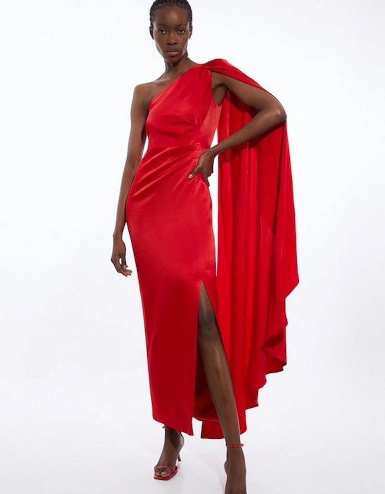 Satin Back Crepe One Shoulder Drape Sleeve Maxi Dress