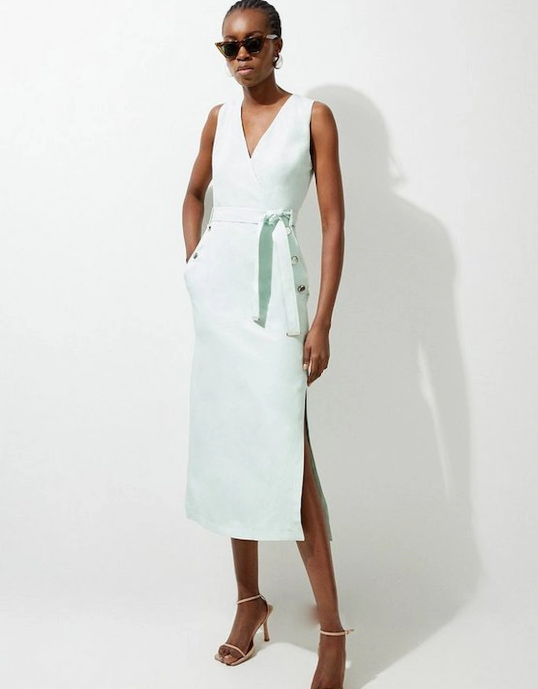 Premium Linen Tailored Button Detail Belted Midi Dress, 5 of 4