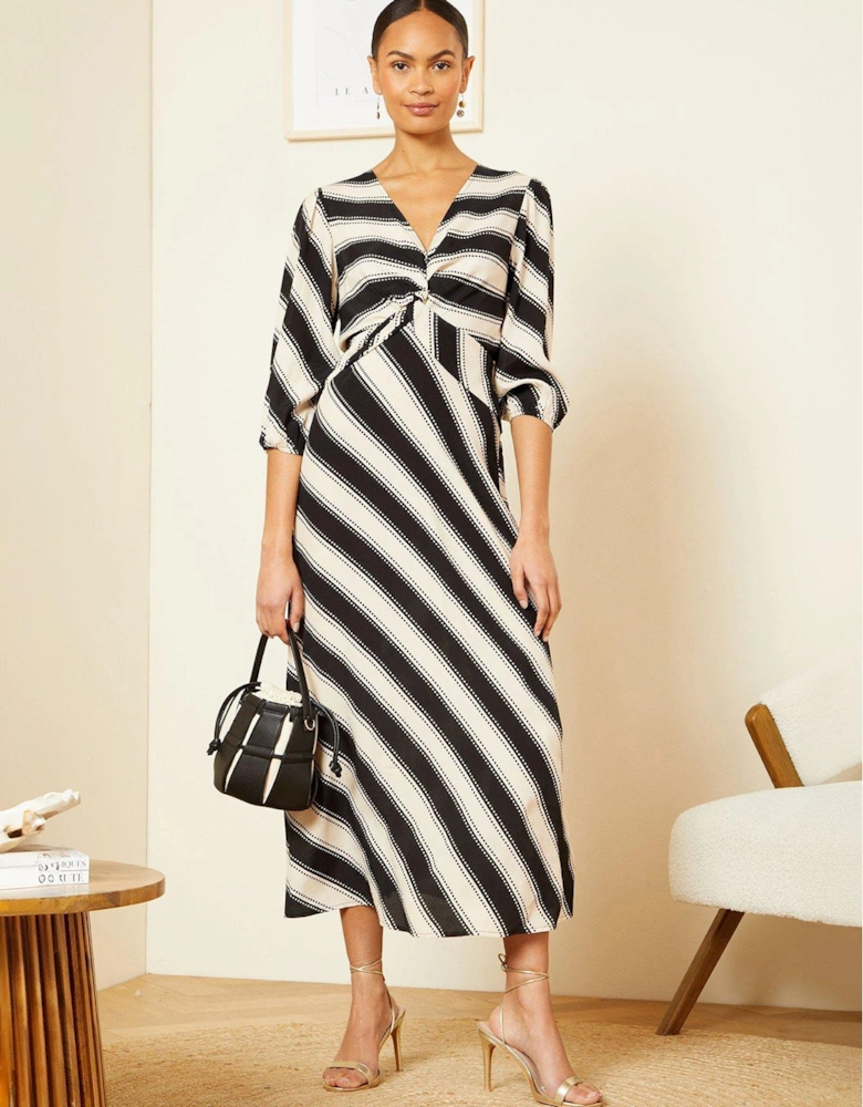 Stripe Twist Front Midi Dress - Black / White