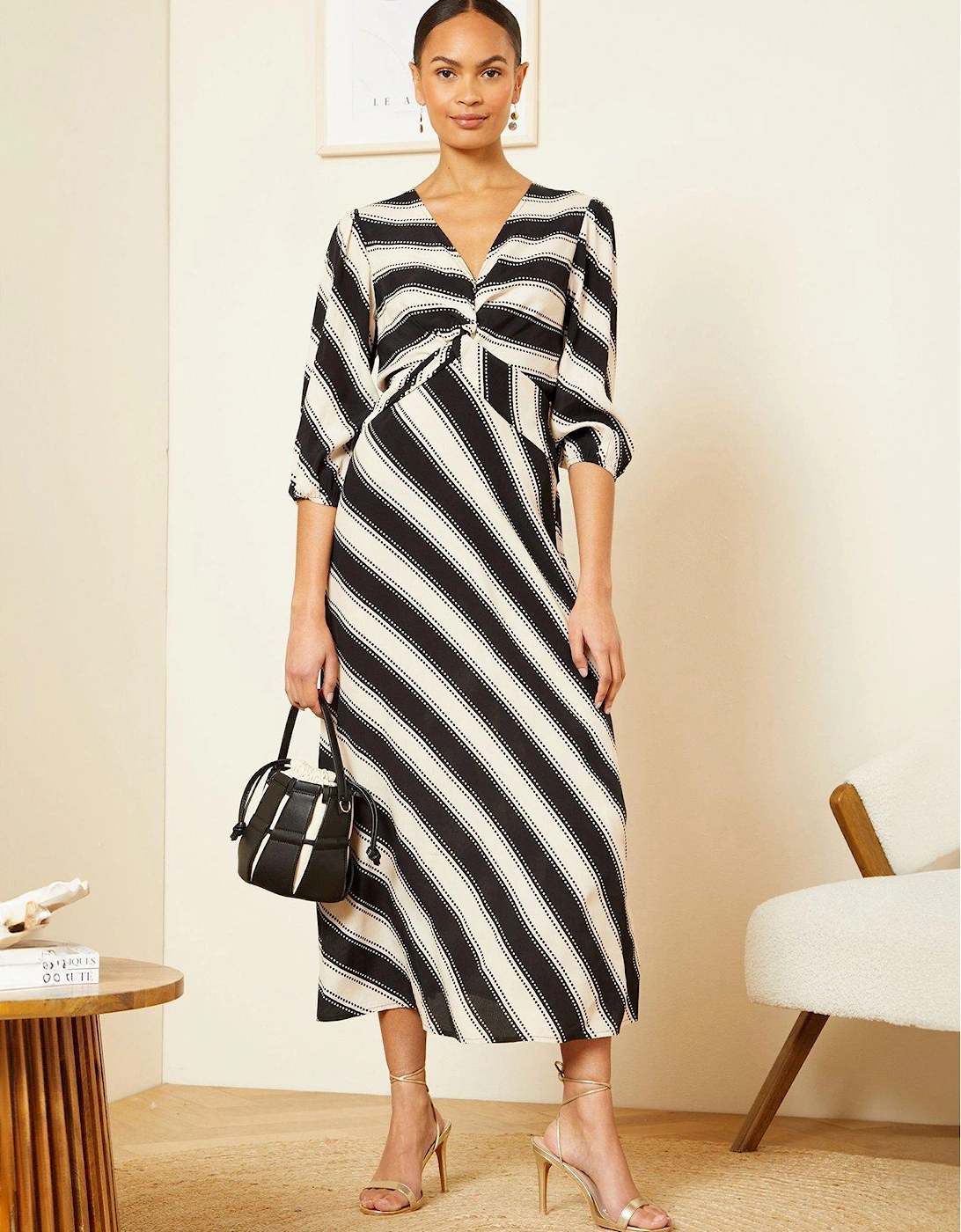 Stripe Twist Front Midi Dress - Black / White, 2 of 1