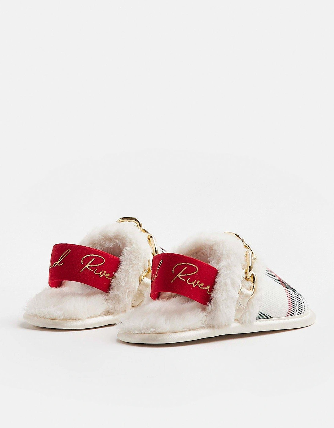 Mini Mini Girls Faux Fur Chain Tartan Slippers - Red