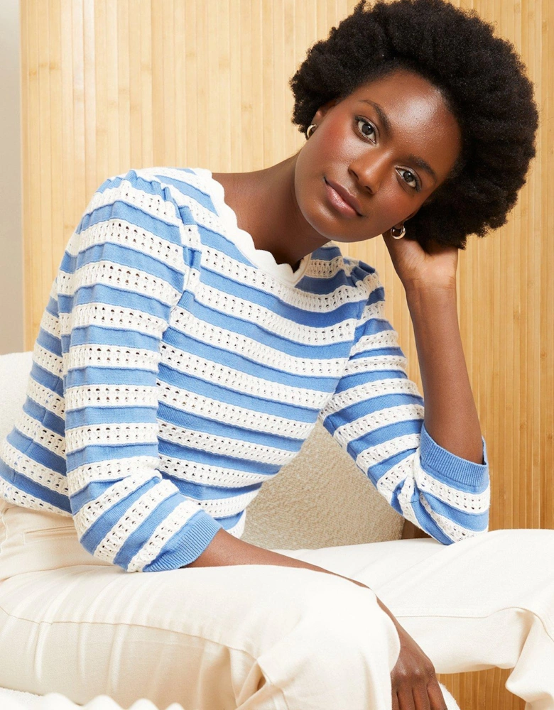 Crochet Stripe Knitted Long Sleeve Jumper -white