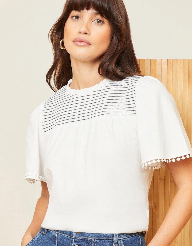 Contrast Stitch Angel Sleeve Jersey Top -white