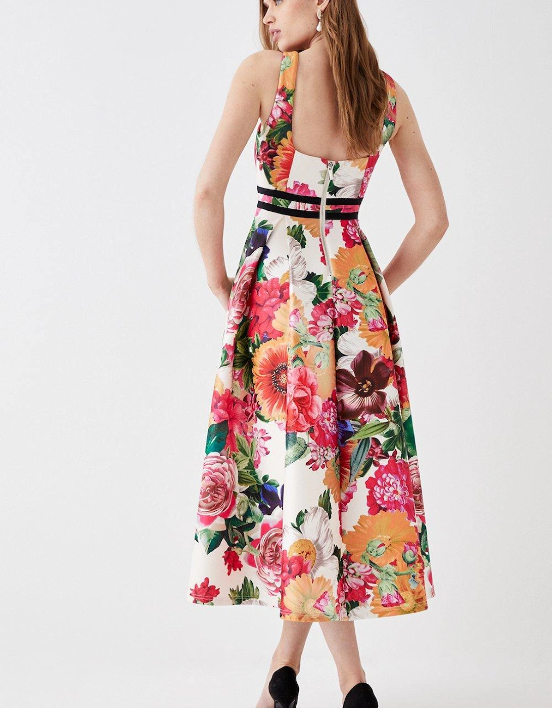 Contrast Trim Floral Scuba Midi Dress