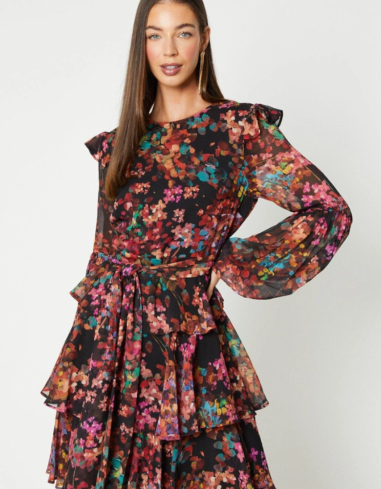 Printed Tiered Skirt Long Sleeve Midi Dress