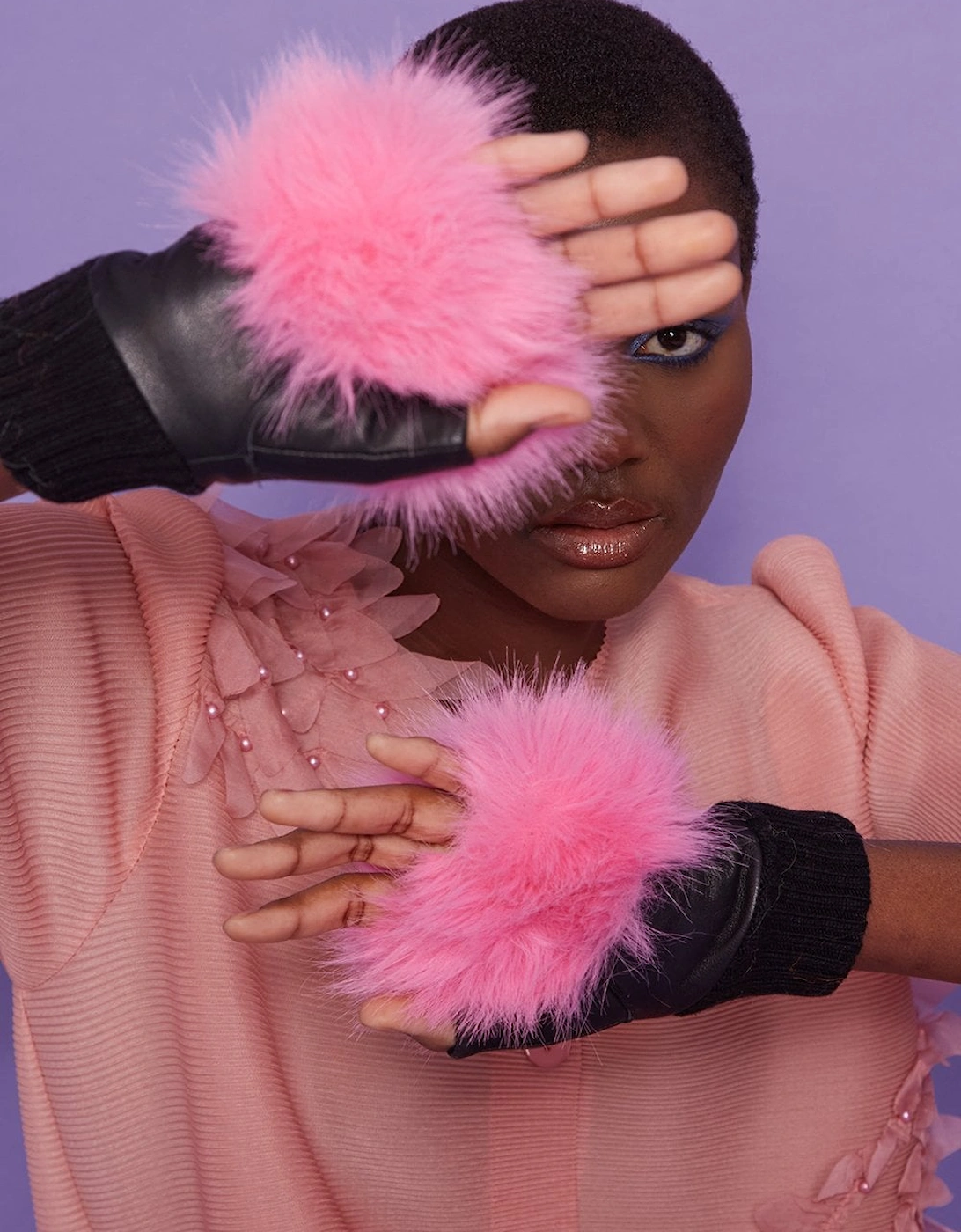 Pink Faux Fur Fingerless Gloves, 3 of 2