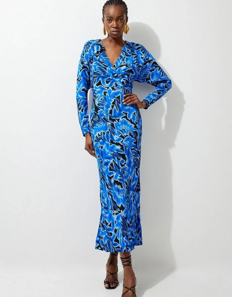 Blue Leaf Printed Woven Viscose Collared Midaxi Dress