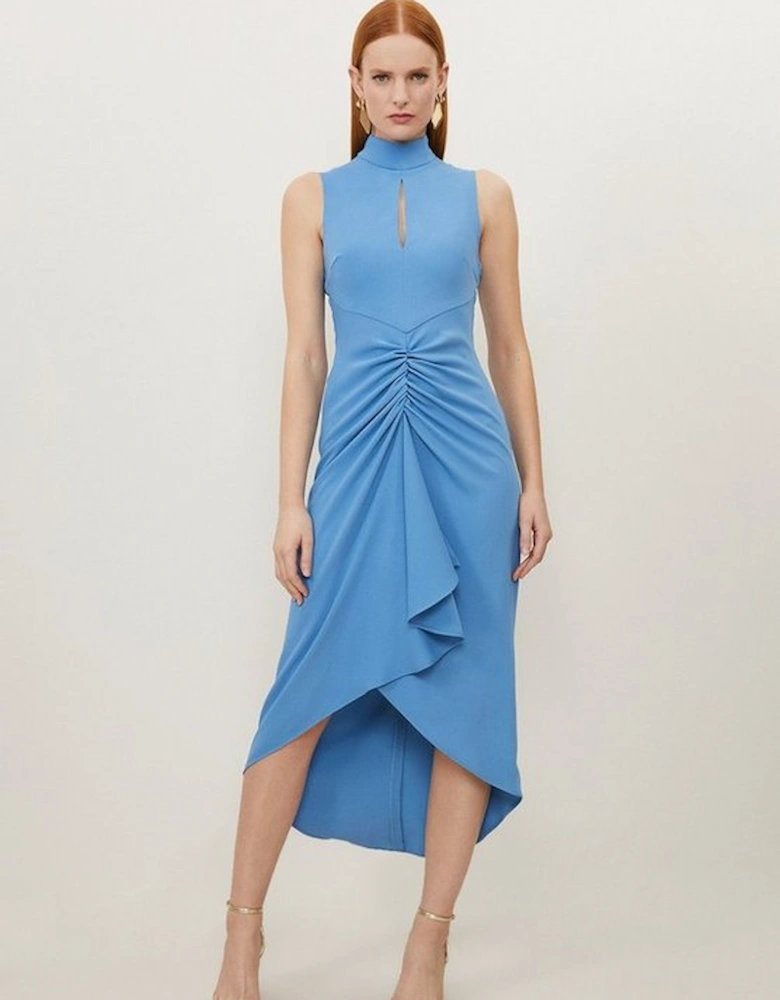 Petite Soft Tailored Ruched Front High Neck Midi Dress