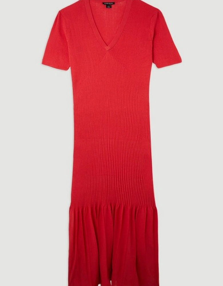 Summer Knit Pleat Detail V Neck Maxi Dress