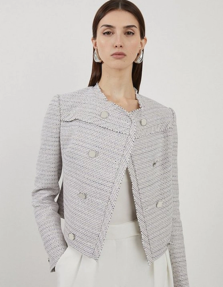 Boucle Double Breasted Collarless Tailored Jacket