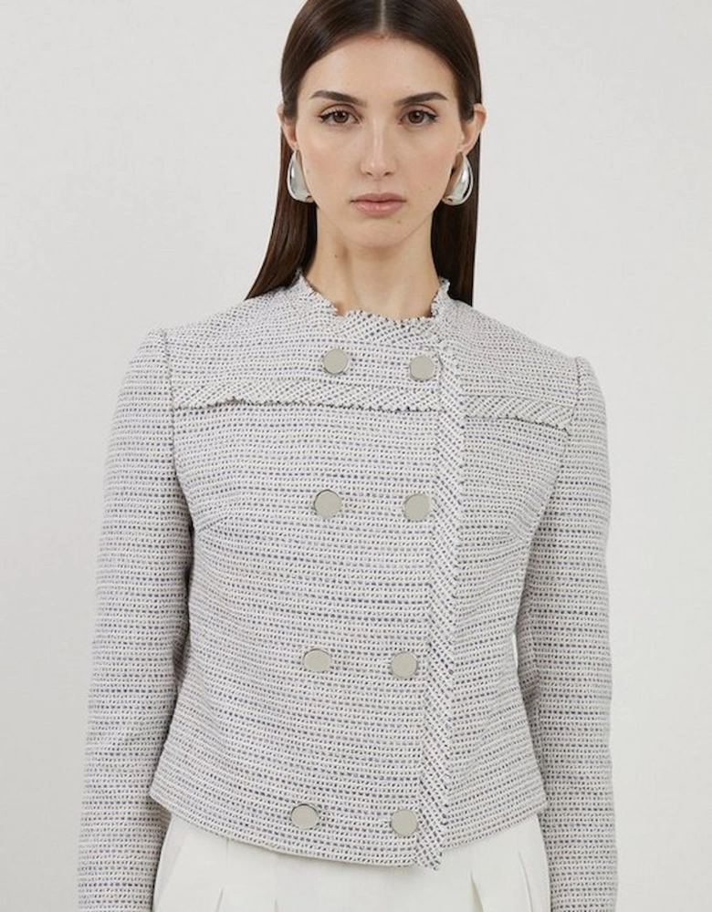 Boucle Double Breasted Collarless Tailored Jacket