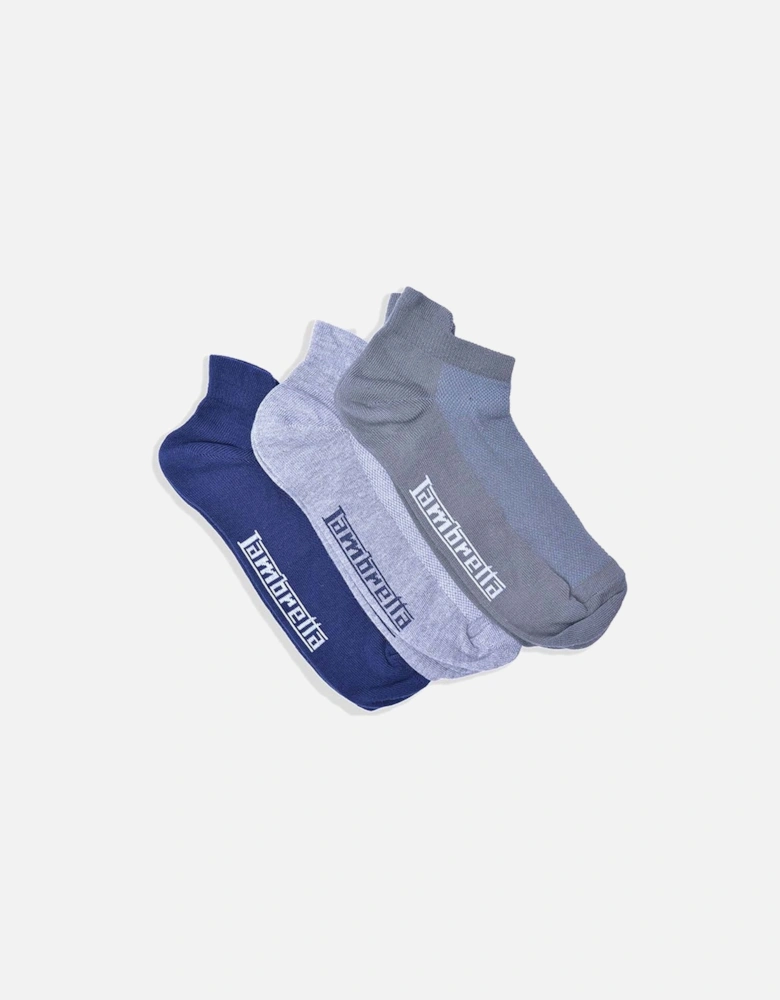 Mens 3 Pack Ankle Trainer Socks - Navy/Khaki/Grey