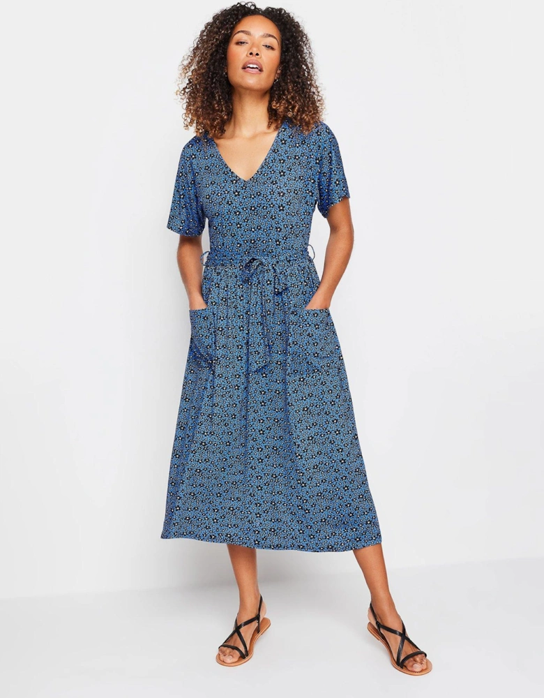 Blue Flower Print Tie Waist Dress