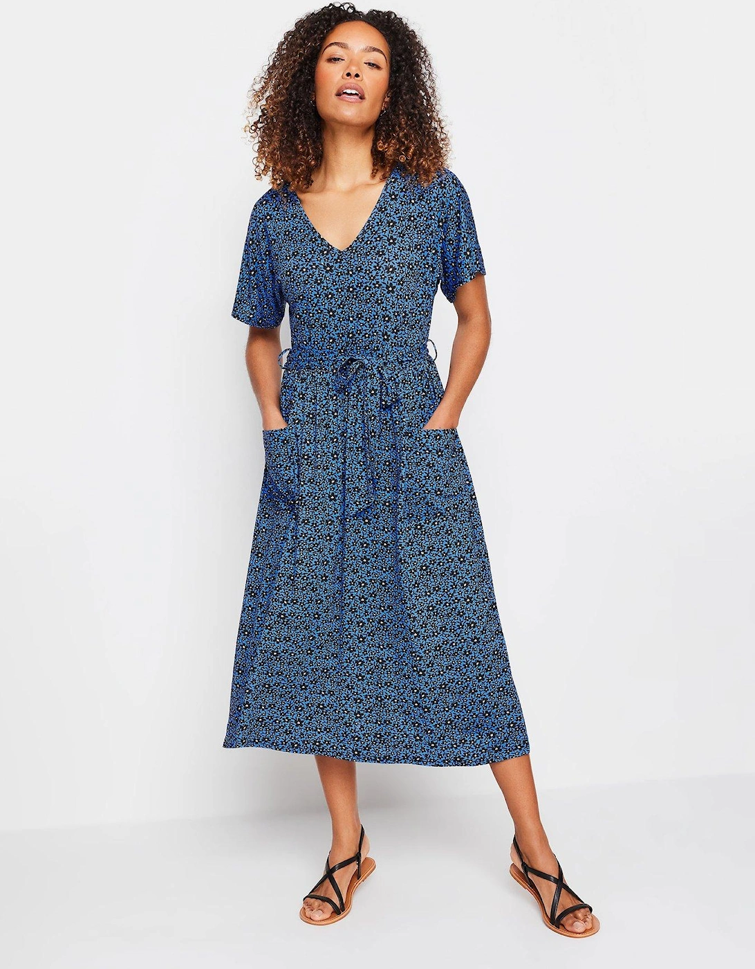 Blue Flower Print Tie Waist Dress, 2 of 1