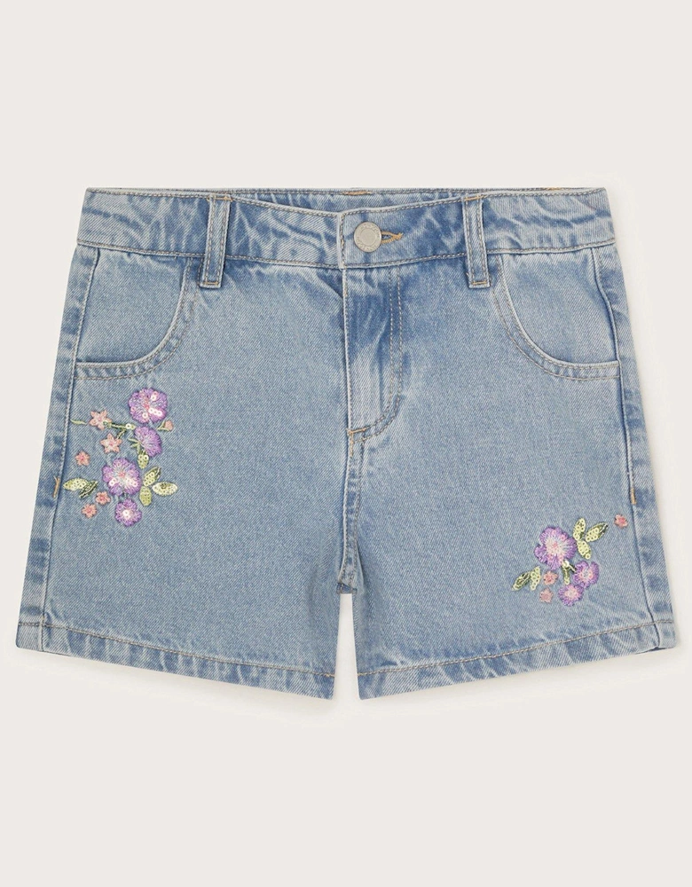 Girls Floral Embellished Denim Shorts - Blue