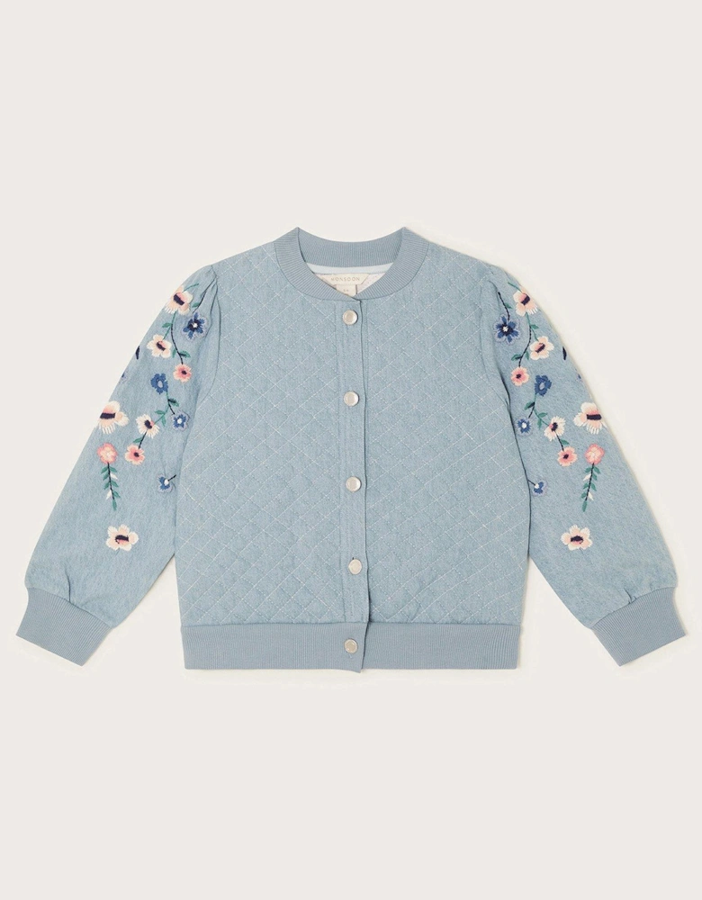 Girls Chambray Embroidered Bomber Jacket - Blue