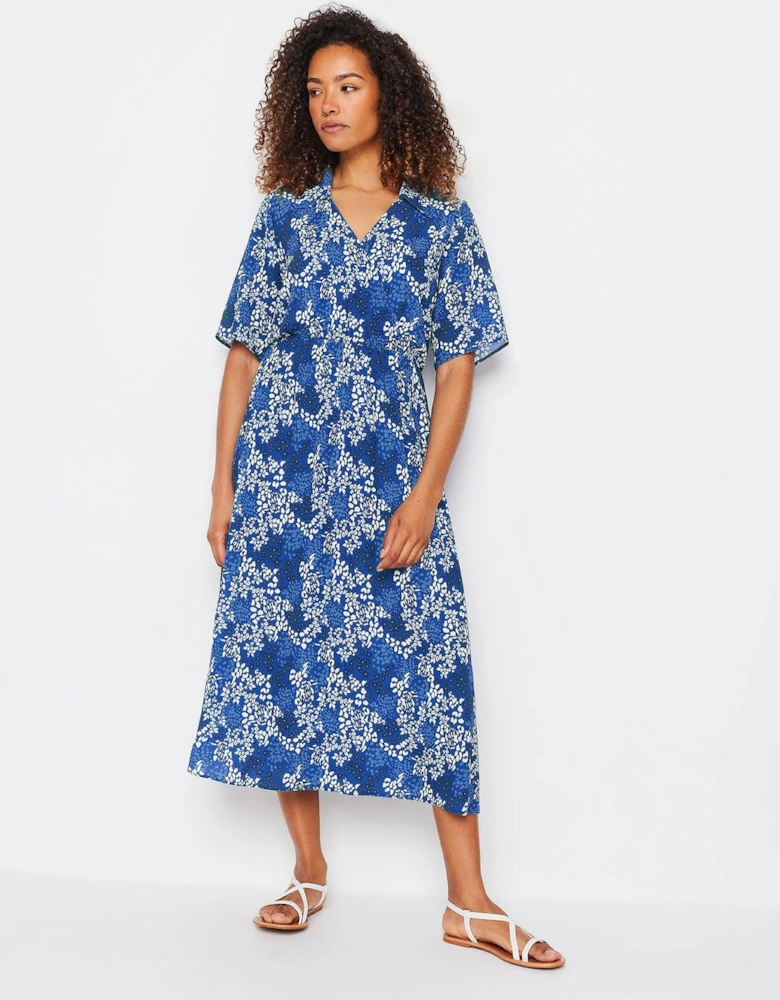 Blue Flower Printed Collared Dress