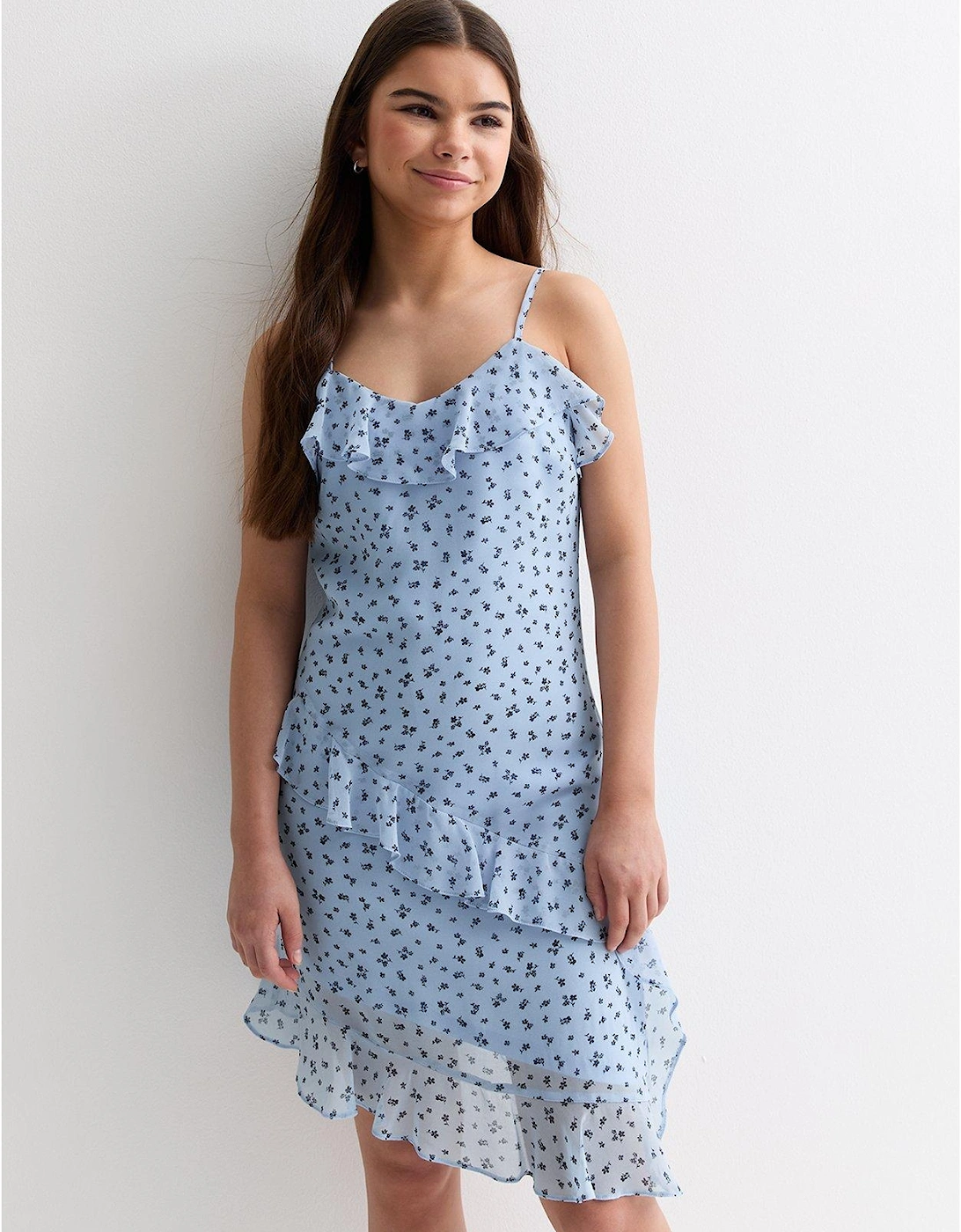 Girls Blue Ditsy Print Ruffle Asymmetric Mini Dress, 2 of 1