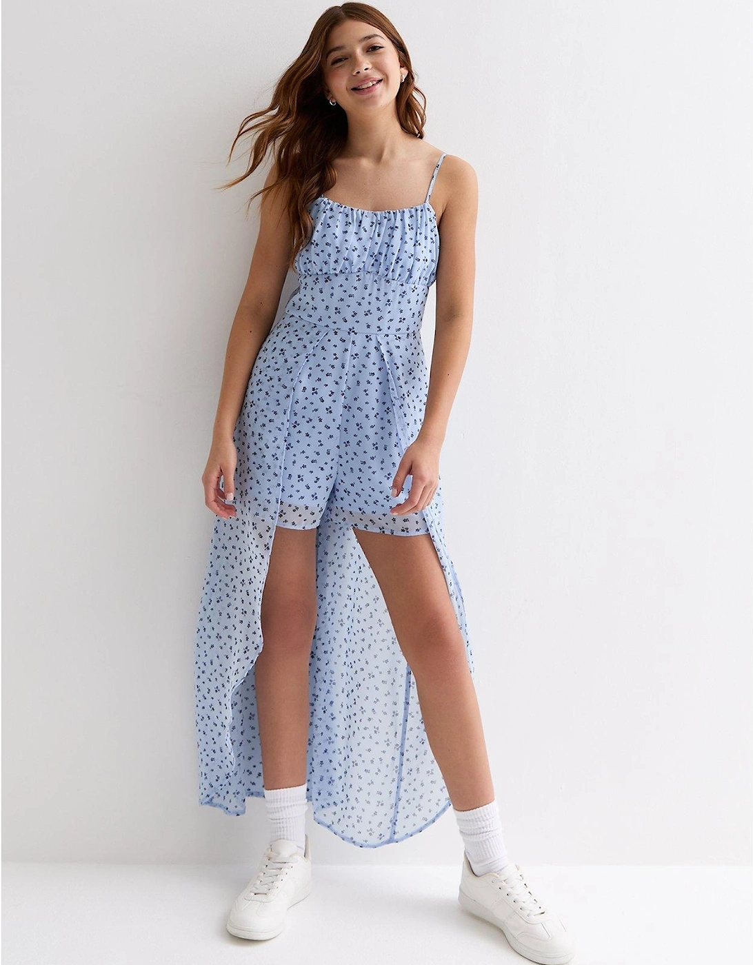 Girls Pale Blue Ditsy Walk Through Playsuit, 5 of 4