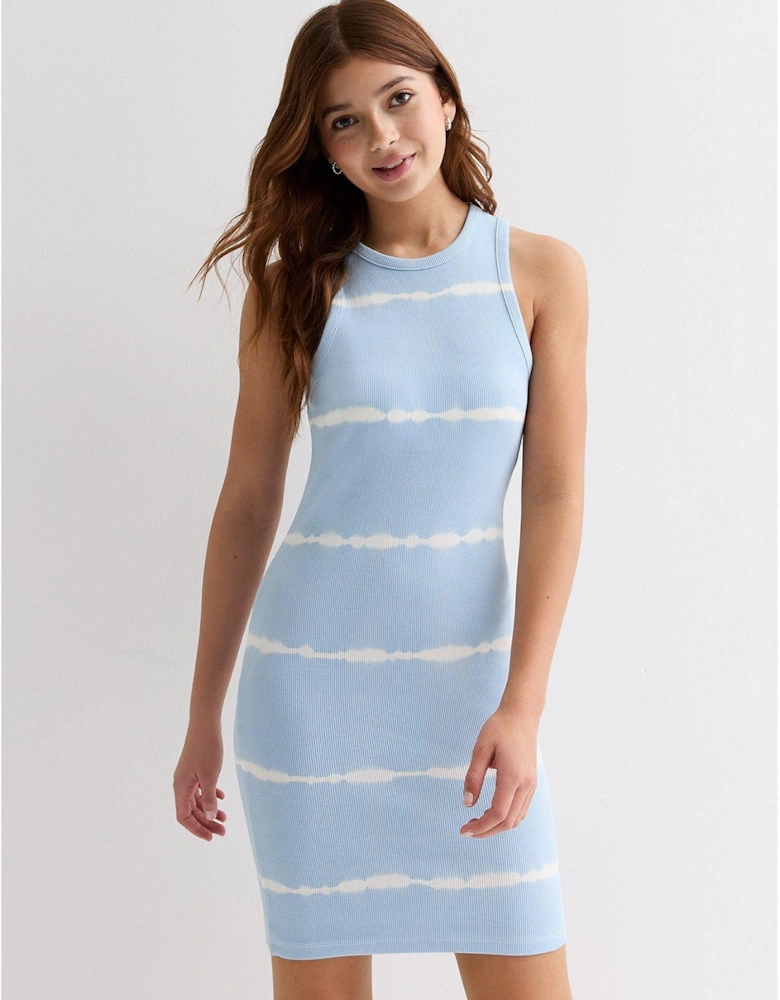 Girls Pale Blue Tie Dye Print Racer Mini Dress