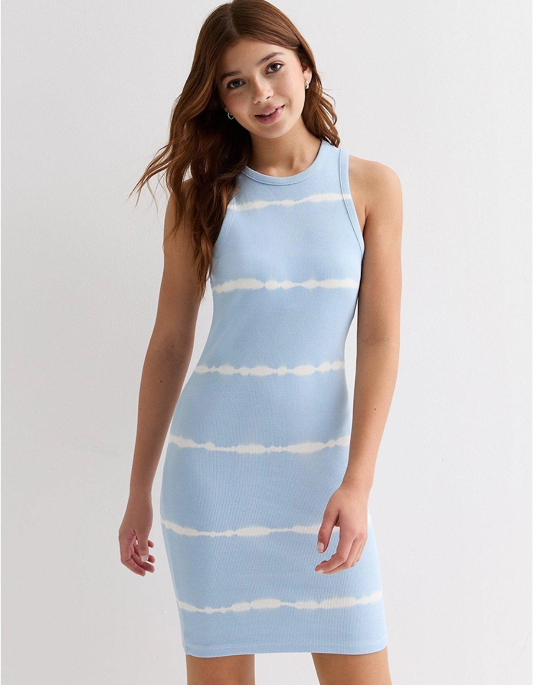 Girls Pale Blue Tie Dye Print Racer Mini Dress, 2 of 1