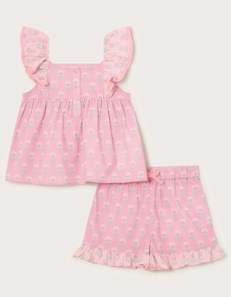 Girls Floral Woodblock Pyjama Set - Pink