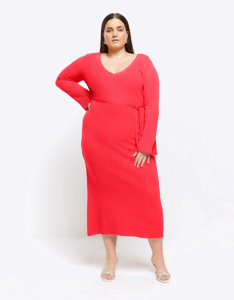 Plus Knitted Rib Jumper Maxi Dress - Red