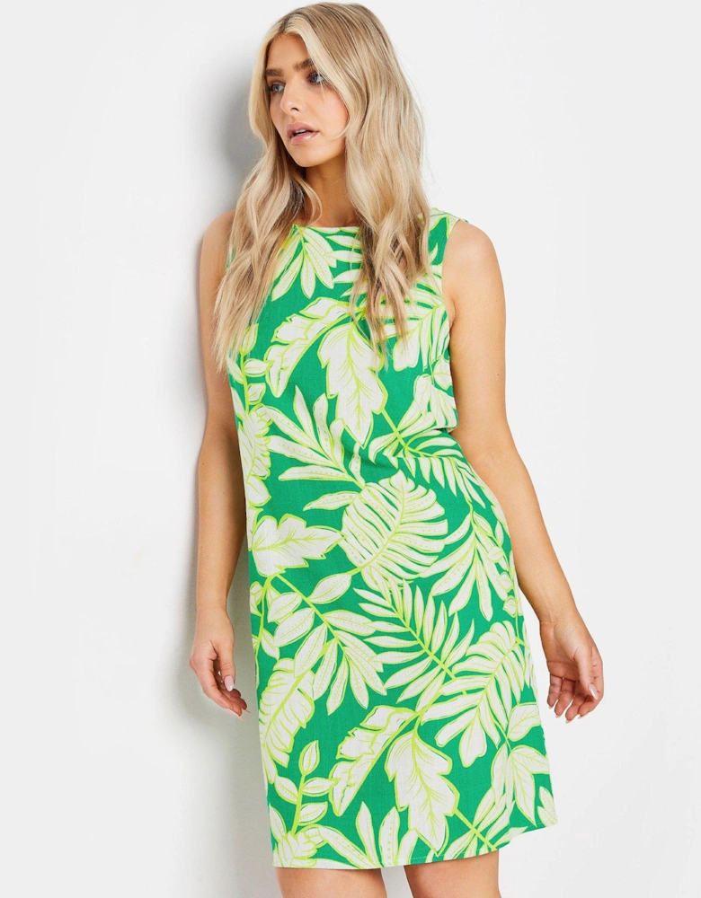 Green Big Leaf Print Linen Shift Dress