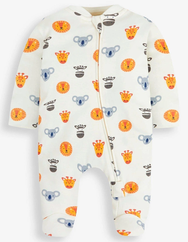 Boys Safari Friends Print Zip Sleepsuit - Cream