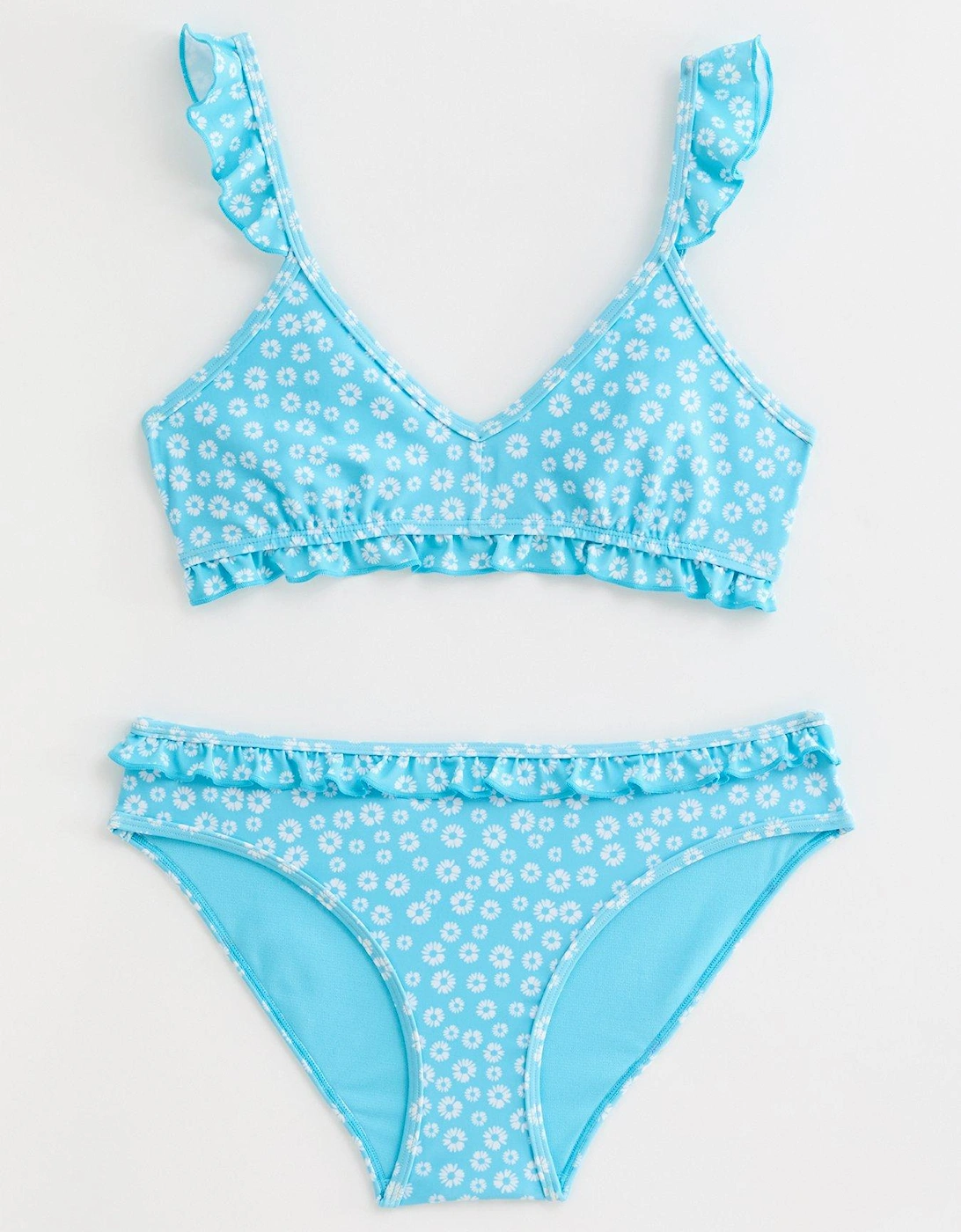 Girls Blue Ditsy Floral Frill Triangle Bikini Set, 2 of 1