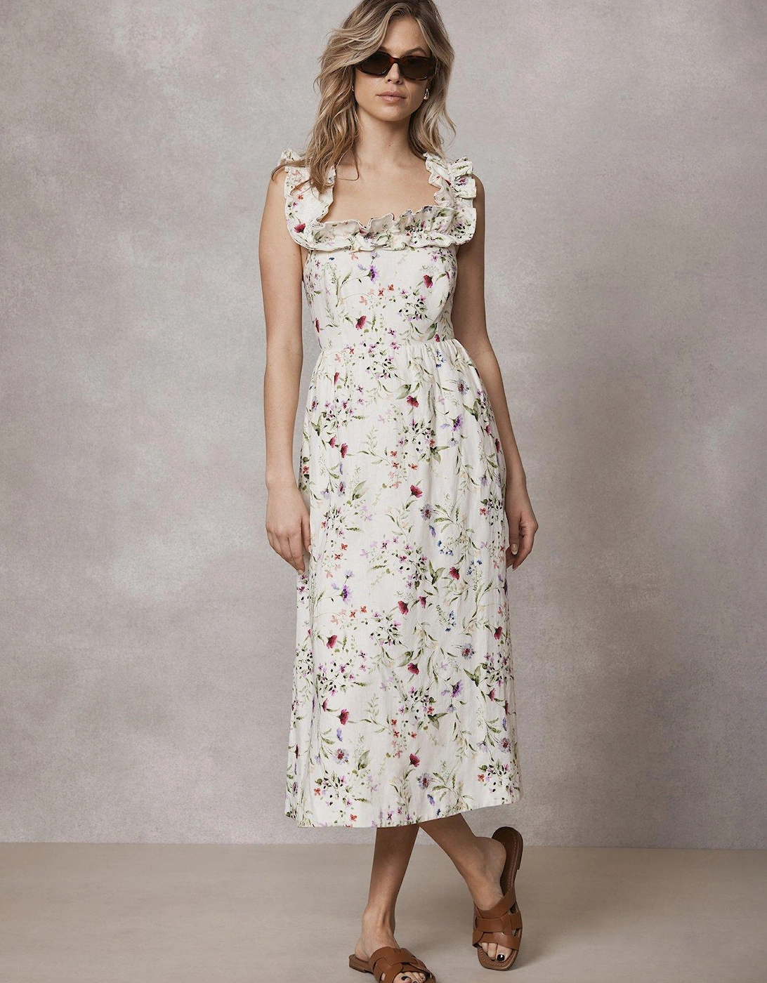 Floral Print Linen Midi Dress, 2 of 1