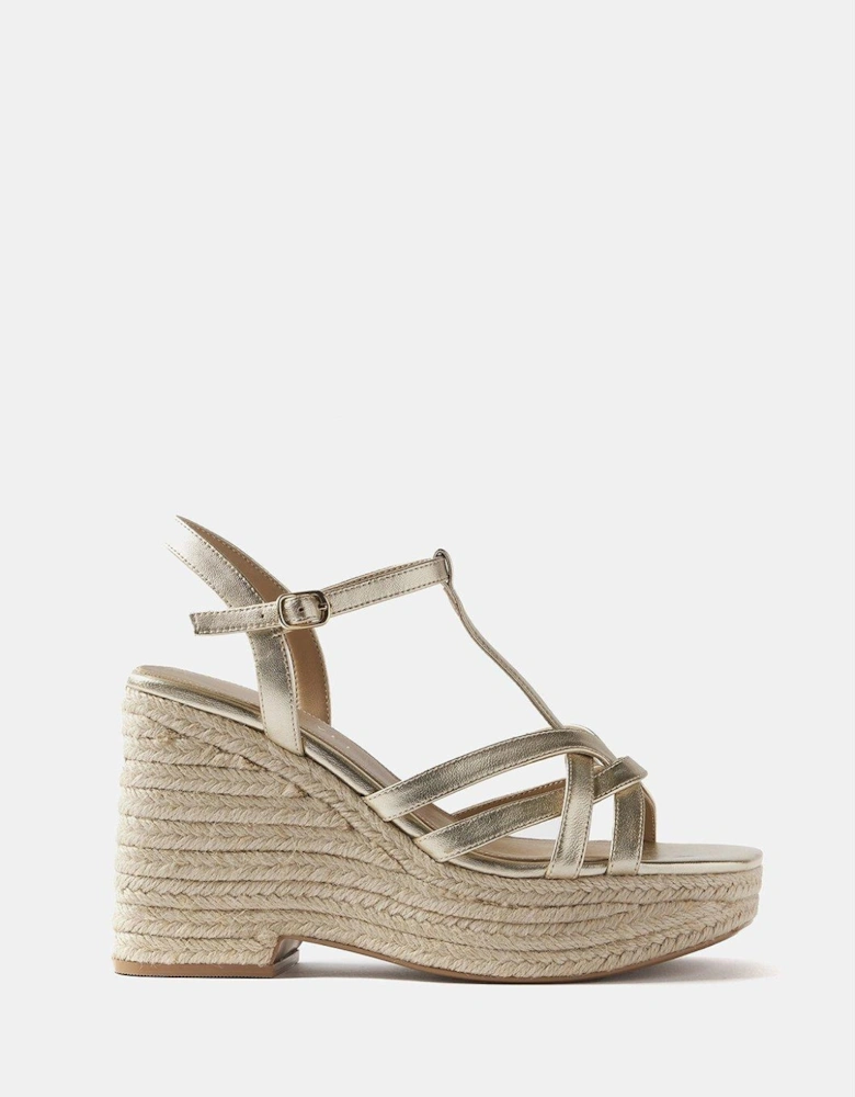 Mol Gold Leather Strap Detail Espadrille Wedges