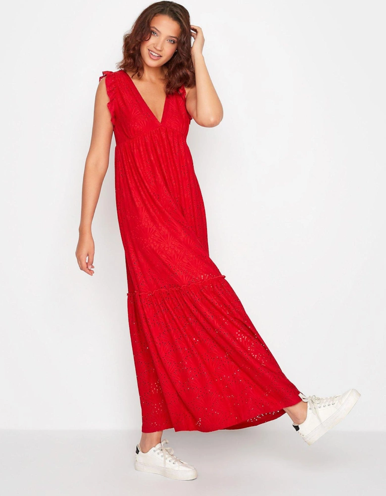 Deep V Broderie Tiered Maxi Dress Red