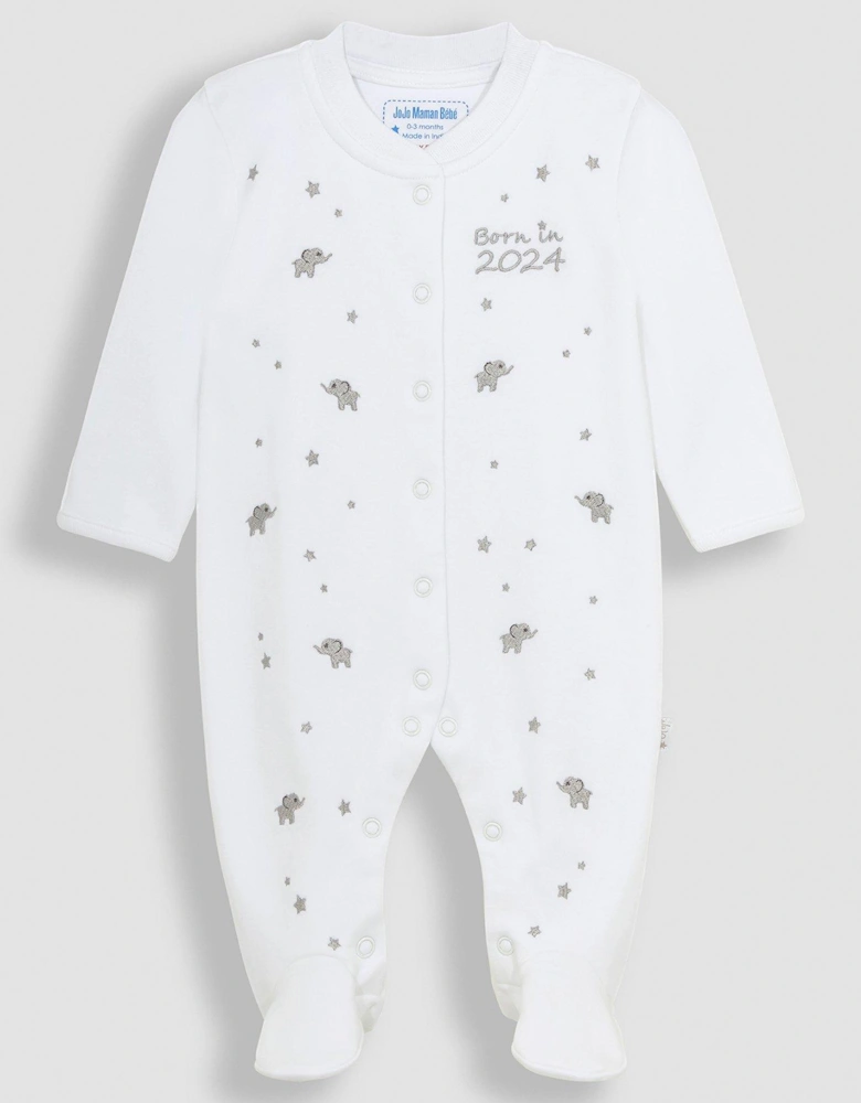 Unisex Born In 2024 Embroidered Sleepsuit - White