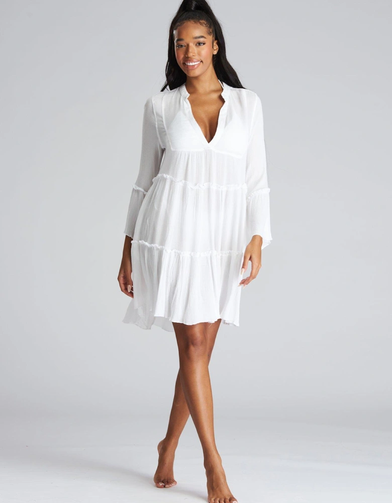 Crinkle Pull Over Tiered Beach Dress - White
