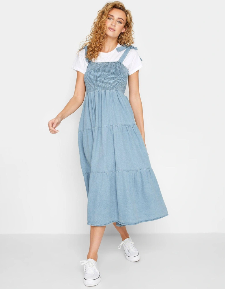 Denim Shirred Tiered Dress - Blue