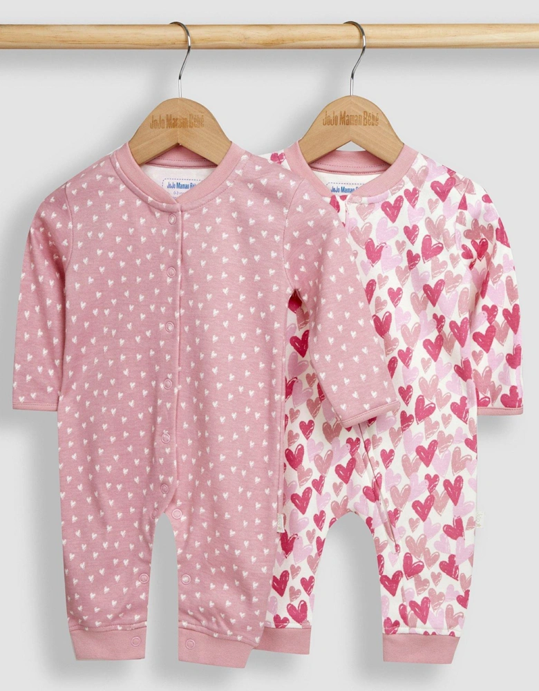 Girls 2-Pack Love Heart Sleepsuits - Pink