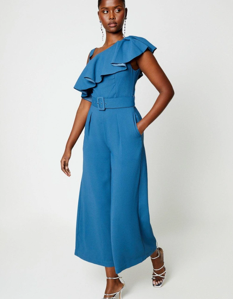 Ruffle Shoulder Belted Jumpsuit