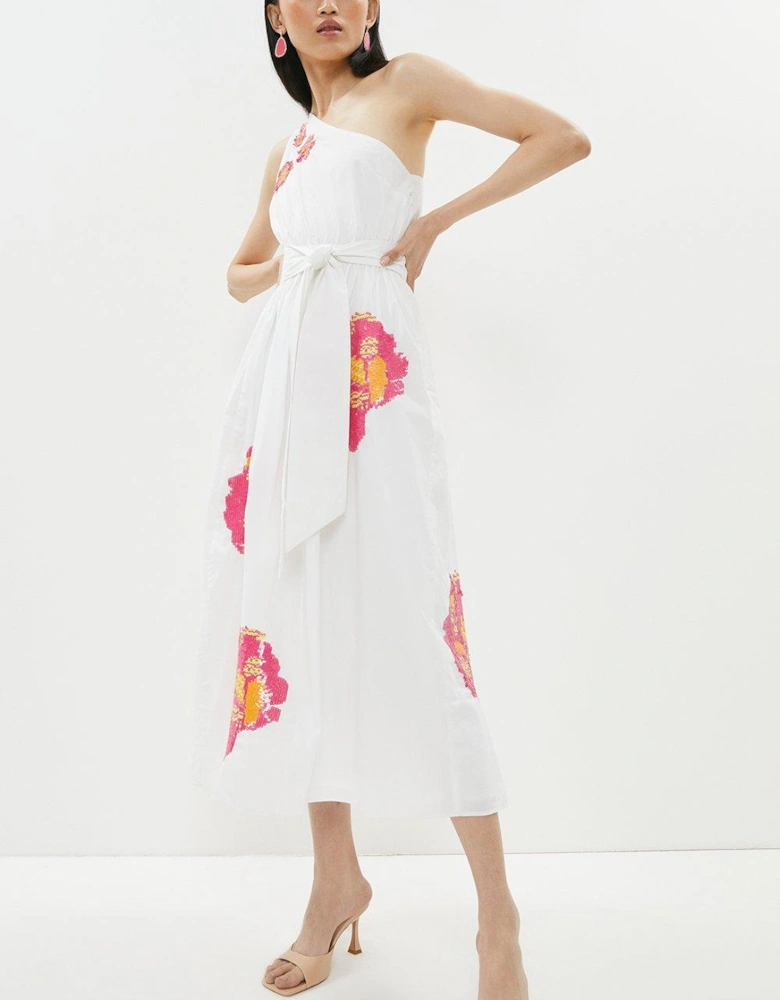 One Shoulder Floral Sequin Poplin Midi Dress With Belt