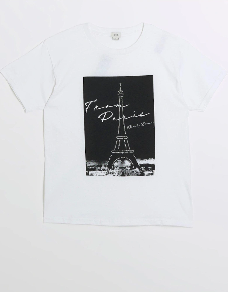Girls Eiffel Tower Embellished T-shirt - White