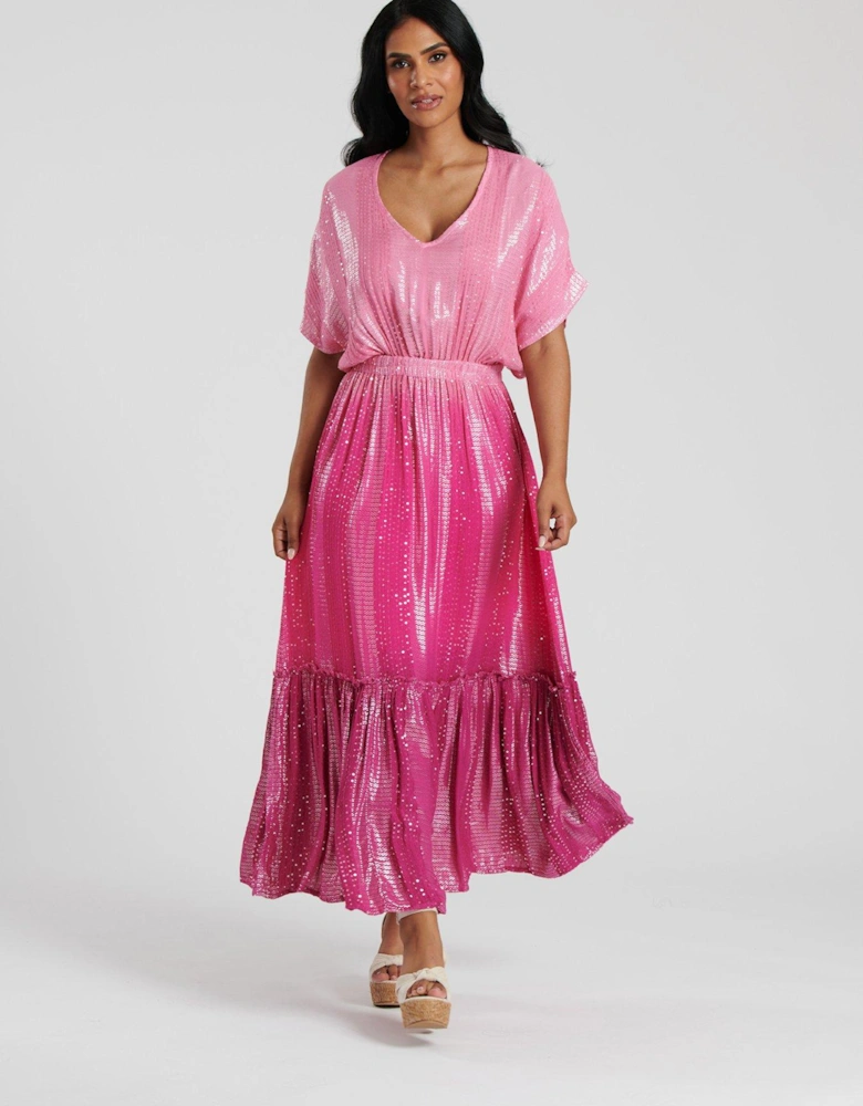 Ombre Metallic V Neck Maxi Dress - Pink