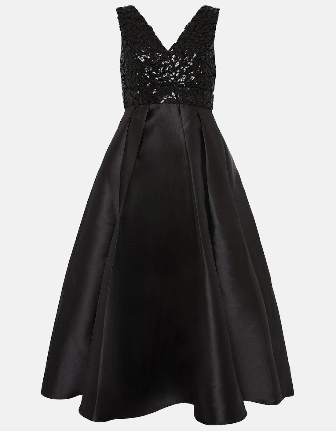 Sequin Lace Bodice Twill Skirt Midi Dress
