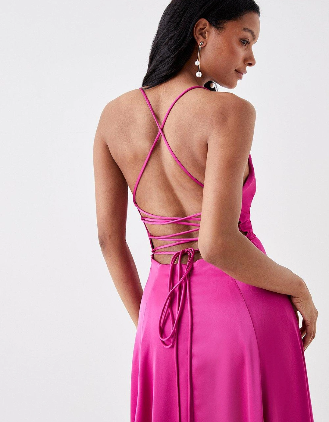 Petite Cowl Neck Satin Maxi Prom Dress With Strappy Back