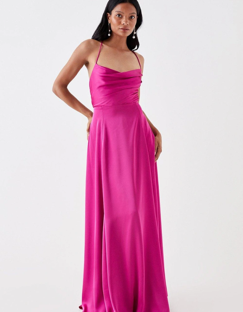 Petite Cowl Neck Satin Maxi Prom Dress With Strappy Back