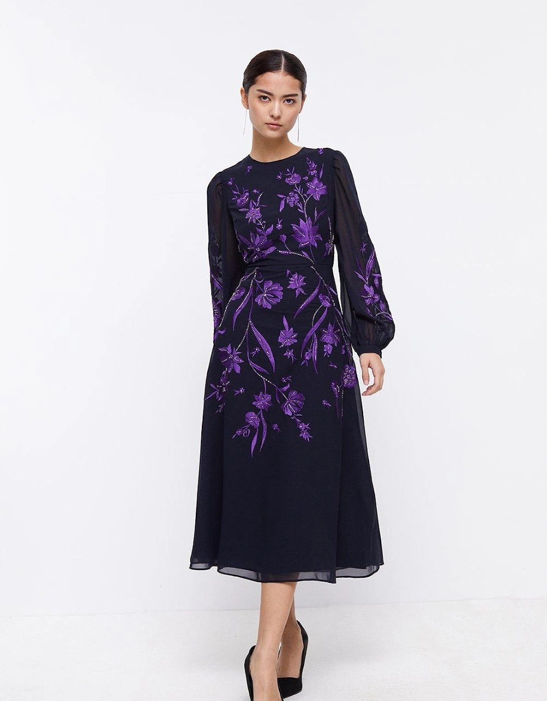 Petite Dahlia Floral Embroidered Dress, 5 of 4