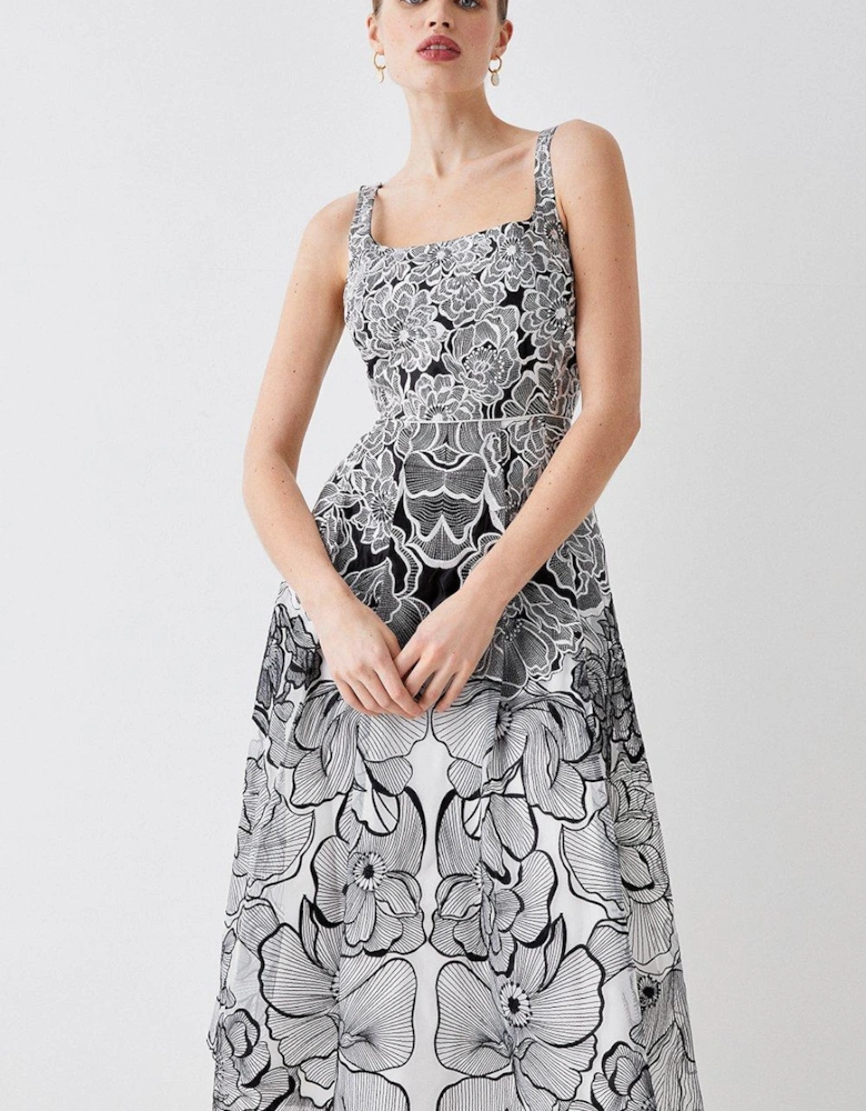 Premium Floral Embroidered Full Skirt Midi Dress