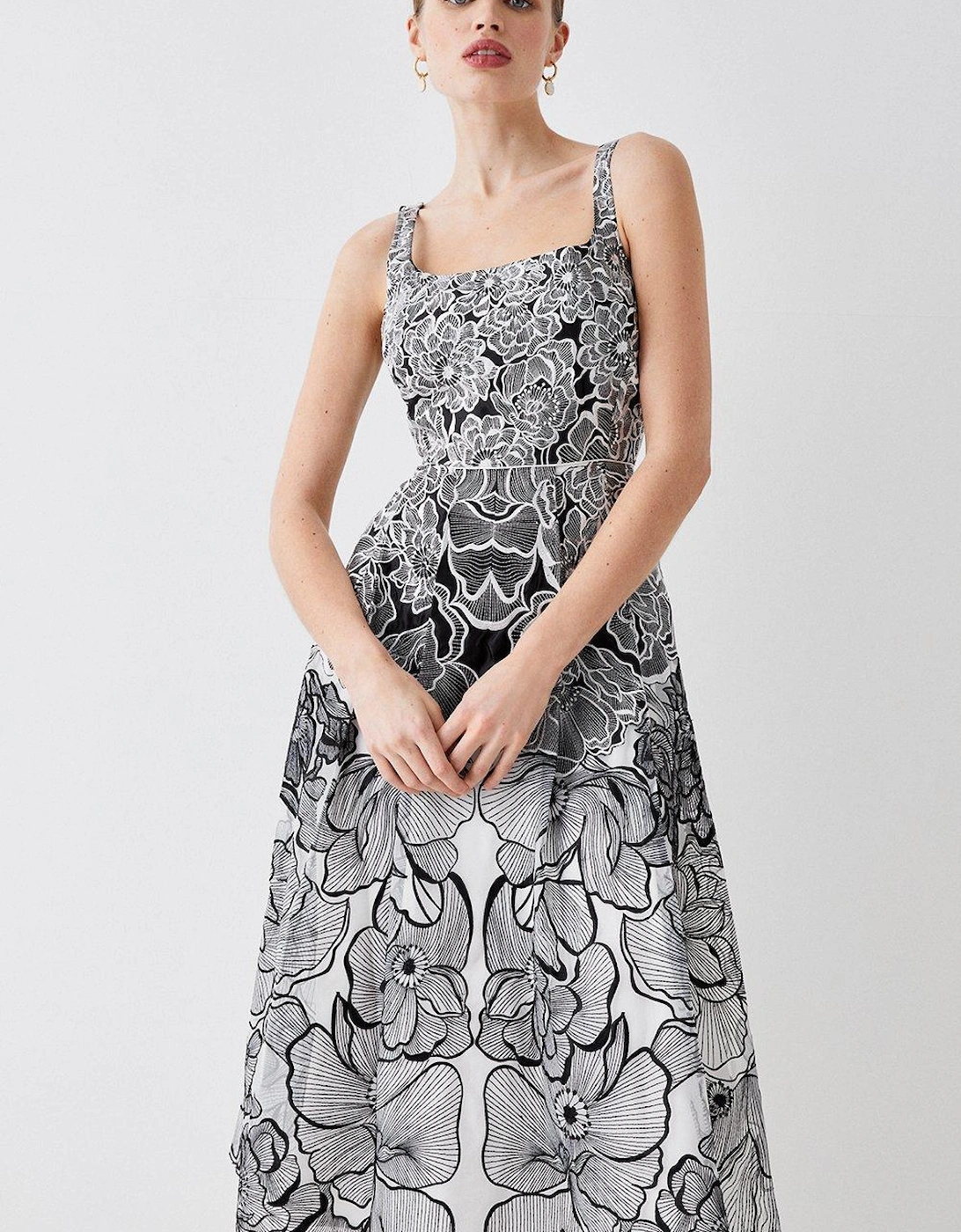 Premium Floral Embroidered Full Skirt Midi Dress, 6 of 5