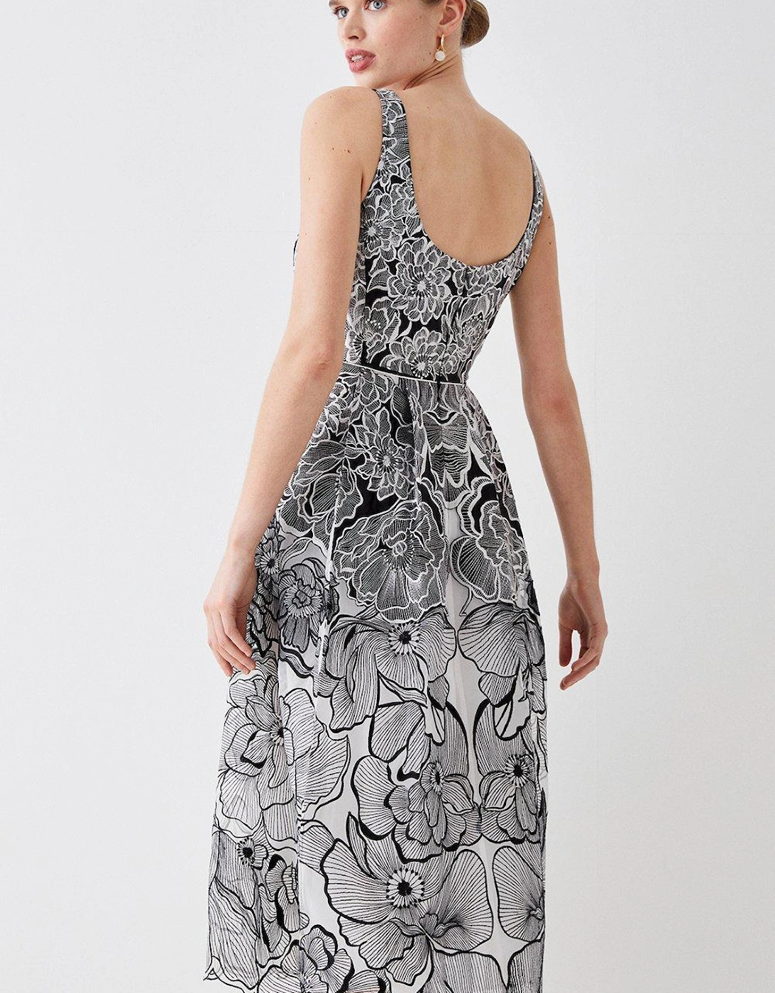 Premium Floral Embroidered Full Skirt Midi Dress