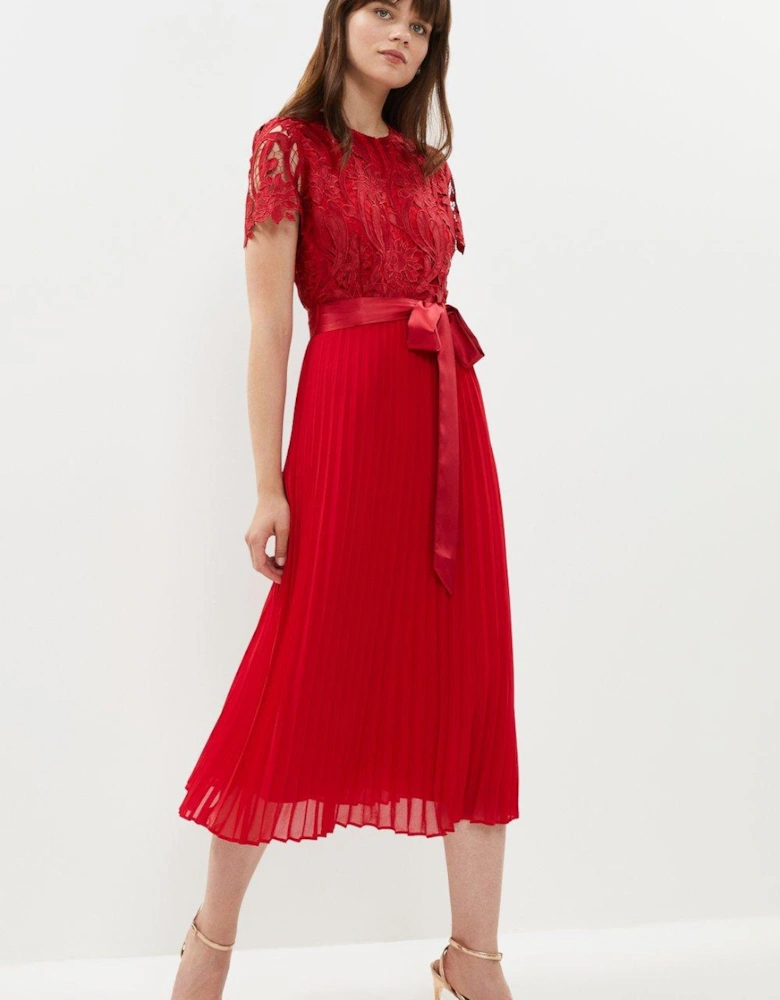 Belted Lace Bodice Pleat Skirt Midi Dress